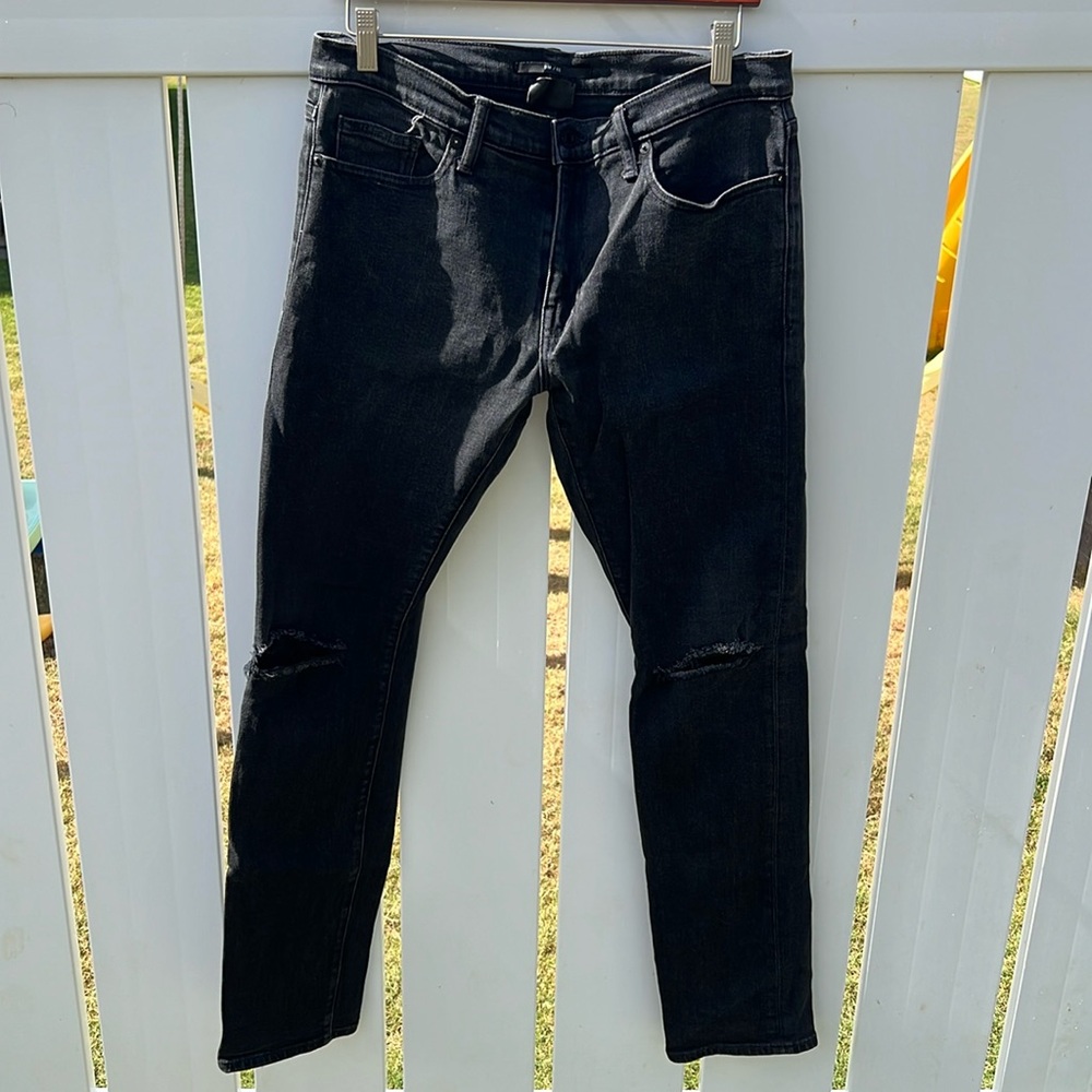 Vince Mens washed black slim fit jeans with knee rips